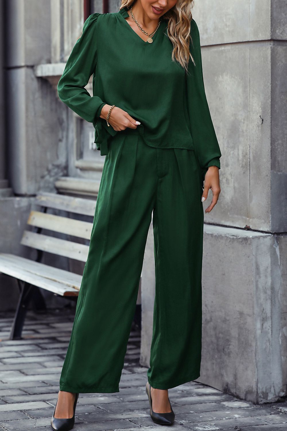 TFE: Chic V-Neck Long Sleeve Top and Flowing Wide Leg Pants Ensemble