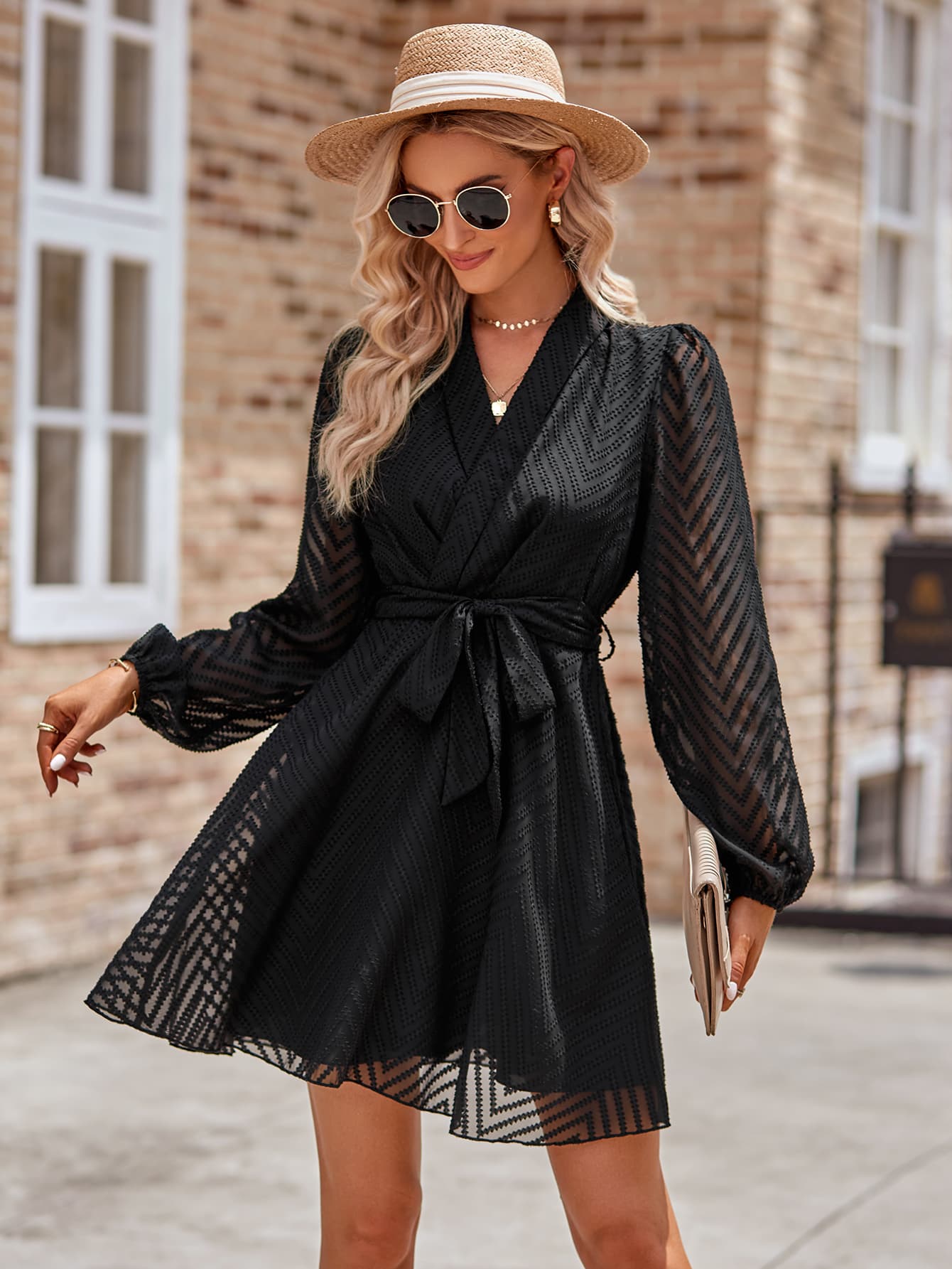 TFE: Chic Long Sleeve Mini Dress with a Stylish Surplice Neck and Belt