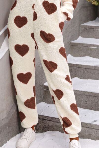 TFE: Fuzzy Heart Zip Up Hooded Lounge Jumpsuit