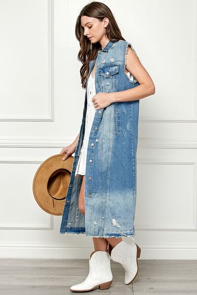 TFE: Urban Edge Distressed Sleeveless Longline Denim Jacket"