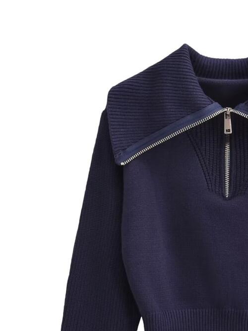 TFE: Half Zip Ribbed Collared Neck Knit Top