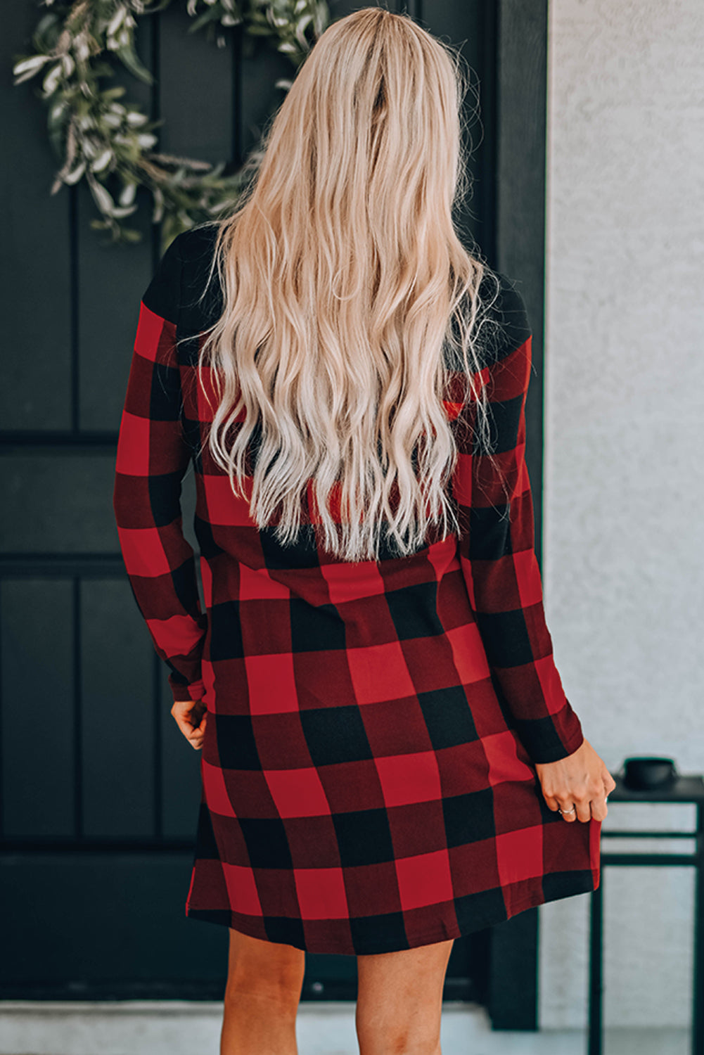 TFE: Checkered Round Neck Mini Dress with Long Sleeves