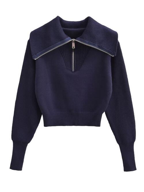 TFE: Half Zip Ribbed Collared Neck Knit Top