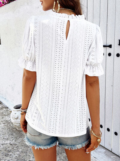 TFE: Feminine Flair Eyelet Mock Neck Flounce Sleeve Blouse