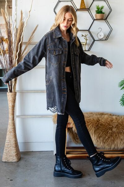 TFE: Veveret Button Up Distressed Frayed Hem Denim Jacket