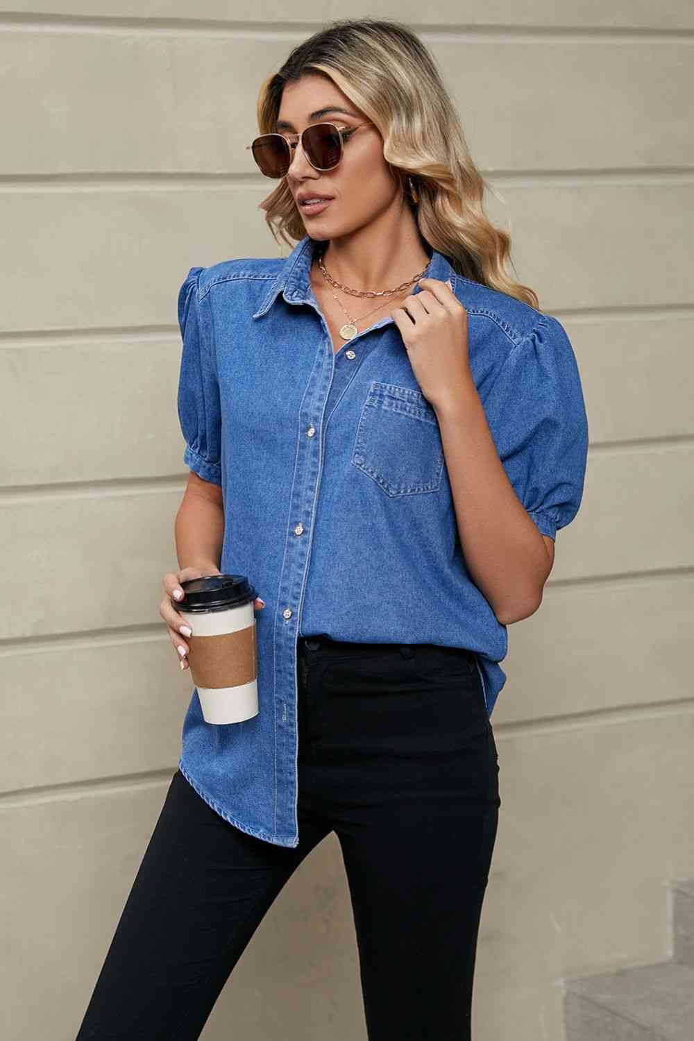 TFE: Puff Sleeve Collared Denim Top