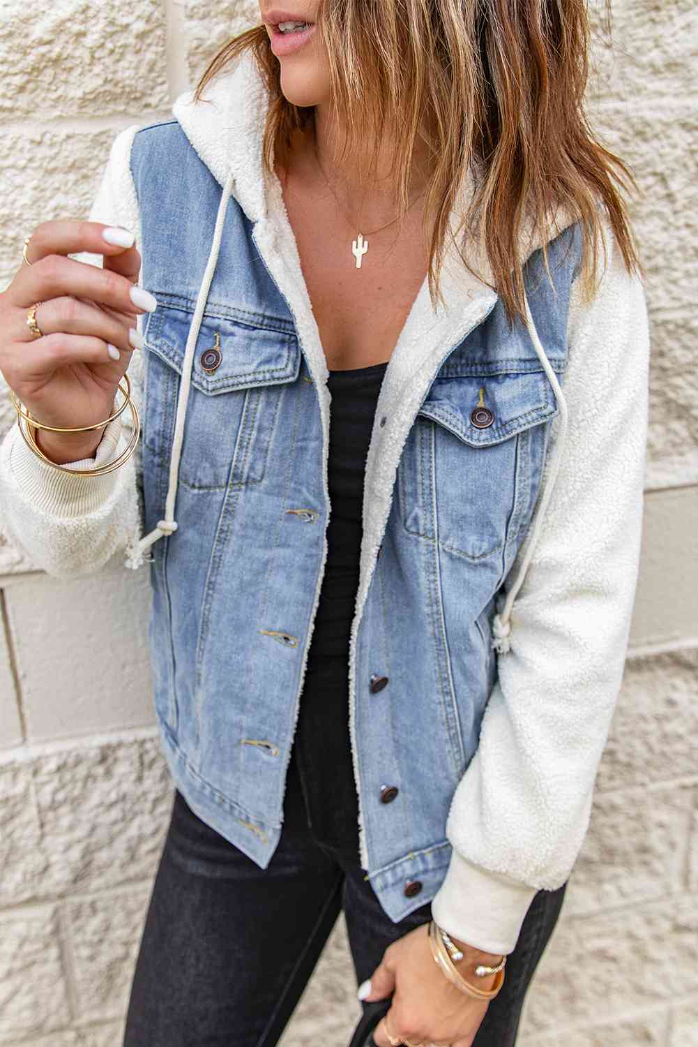 TFE: Two-Tone Spliced Denim Sherpa Hooded Jacket