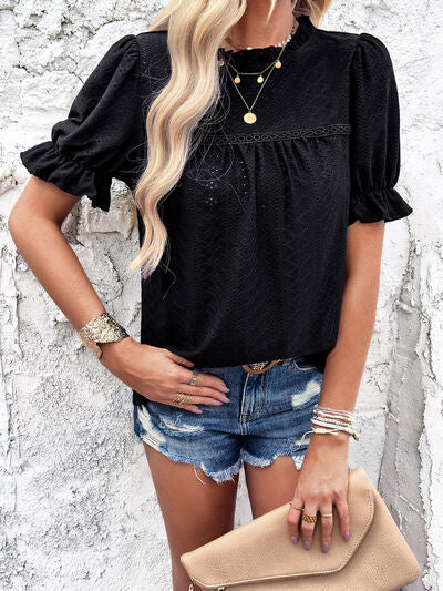 TFE: Feminine Flair Eyelet Mock Neck Flounce Sleeve Blouse