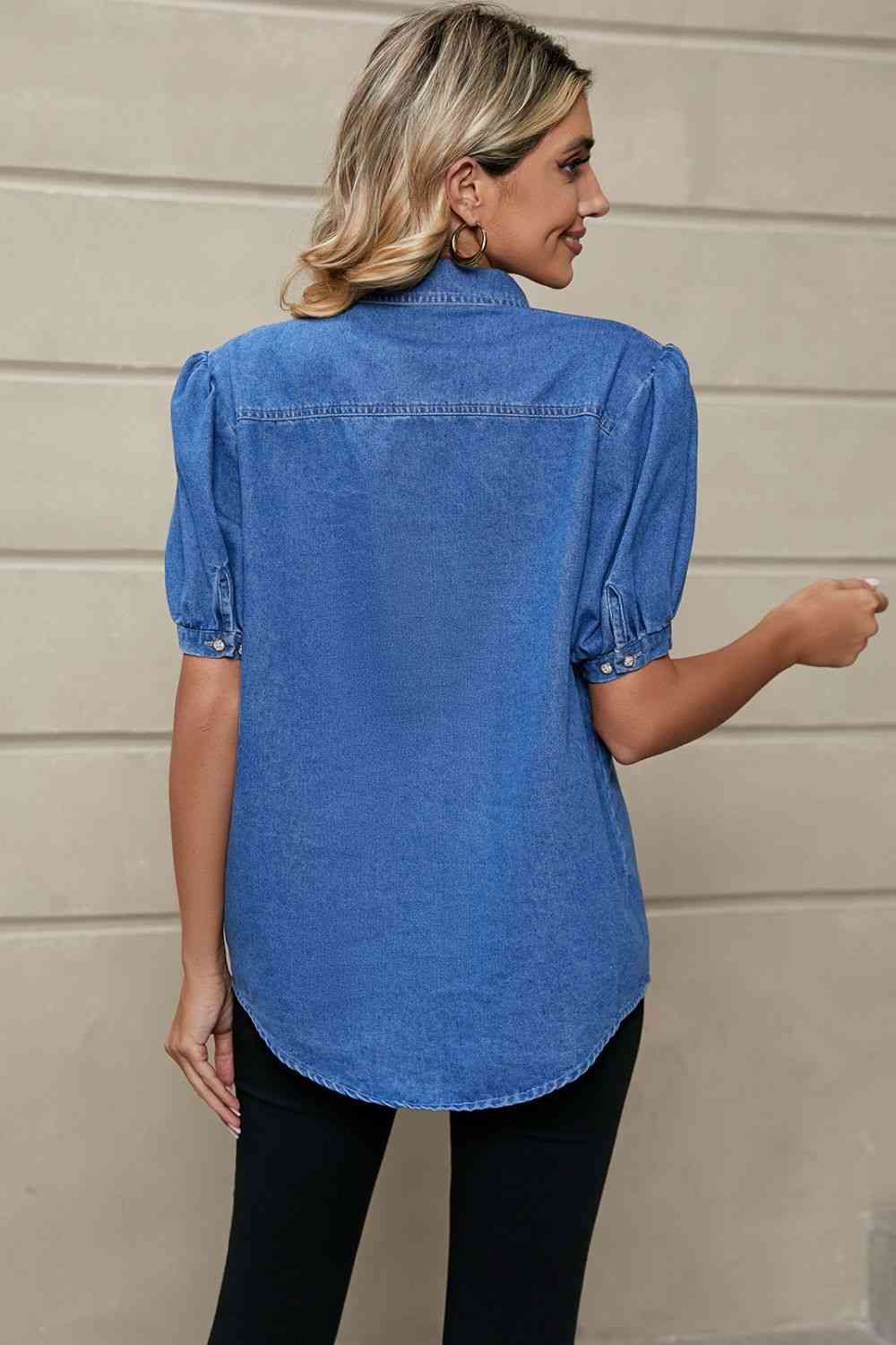 TFE: Puff Sleeve Collared Denim Top