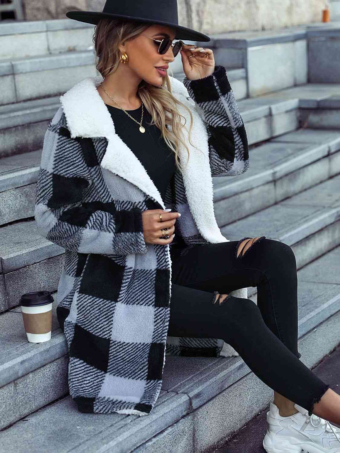 TFE: Plaid Open Front Coat with Pockets