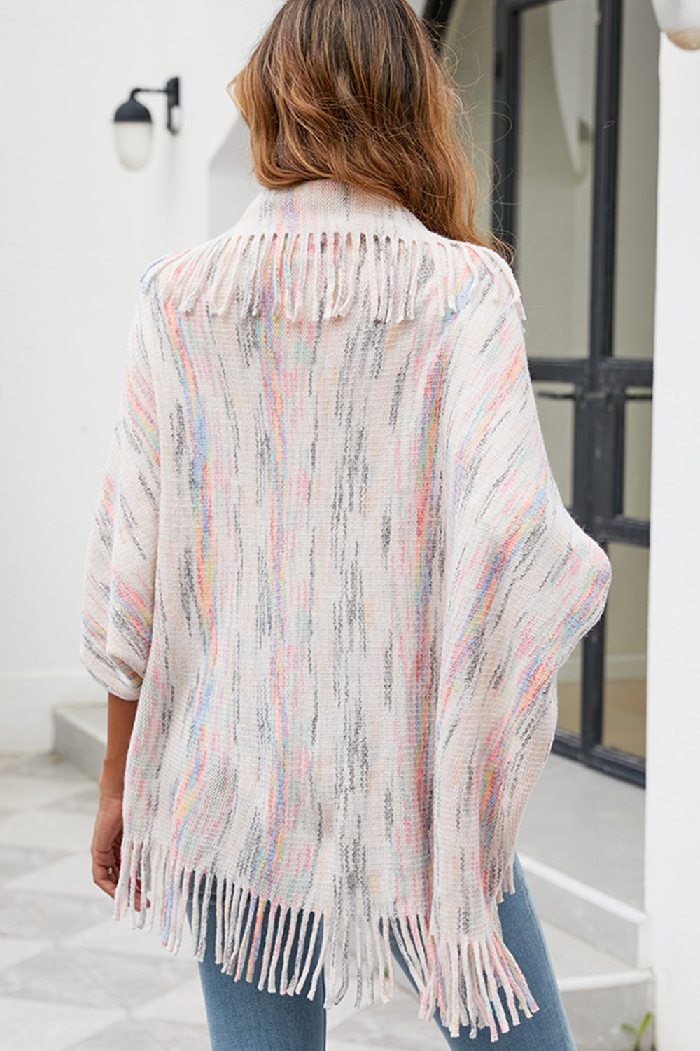 TFE: Chic Printed Poncho with Stylish Fringe Accents