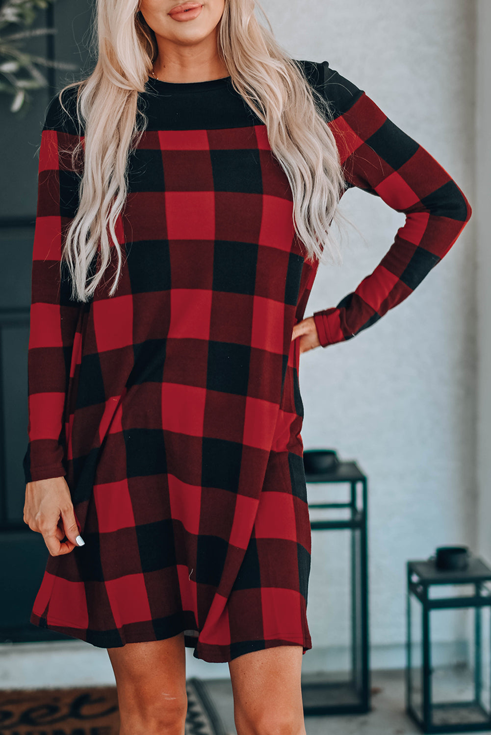 TFE: Checkered Round Neck Mini Dress with Long Sleeves