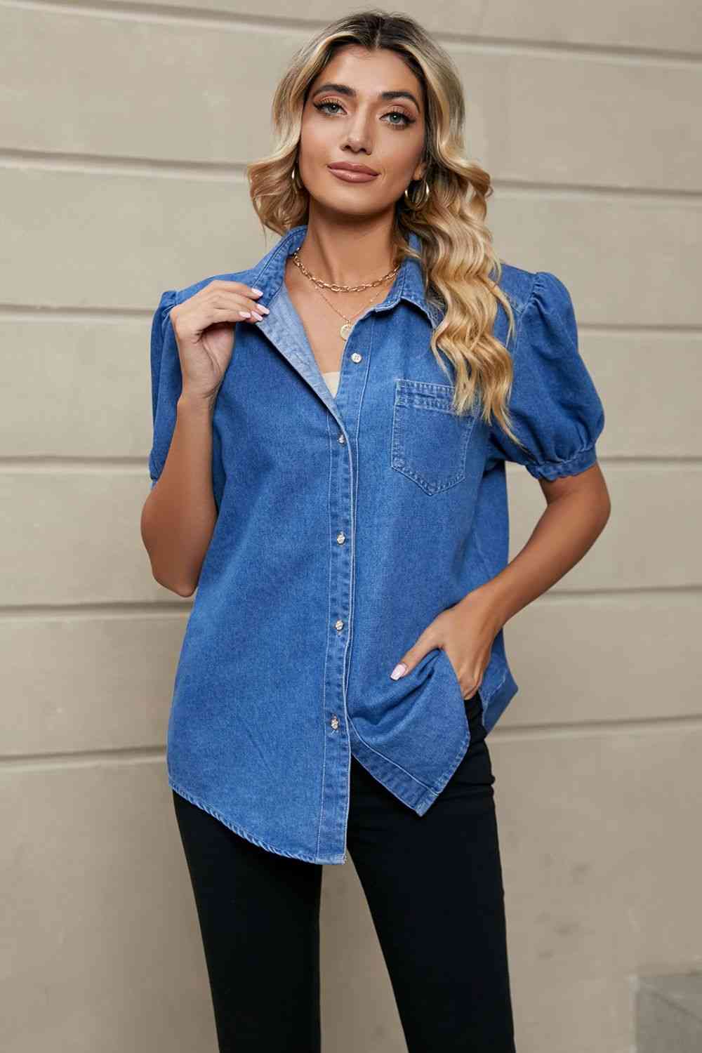 TFE: Puff Sleeve Collared Denim Top