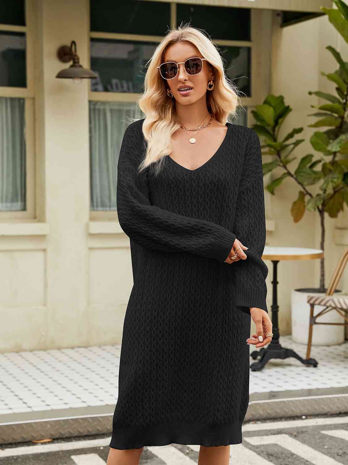 TFE: Svelte Serenity V-Neck Long Sleeve Sweater Dress