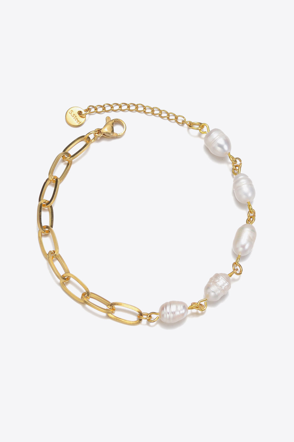 TFE: Stainless Steel Bracelet with a Combination of Half Pearls and Half Chain