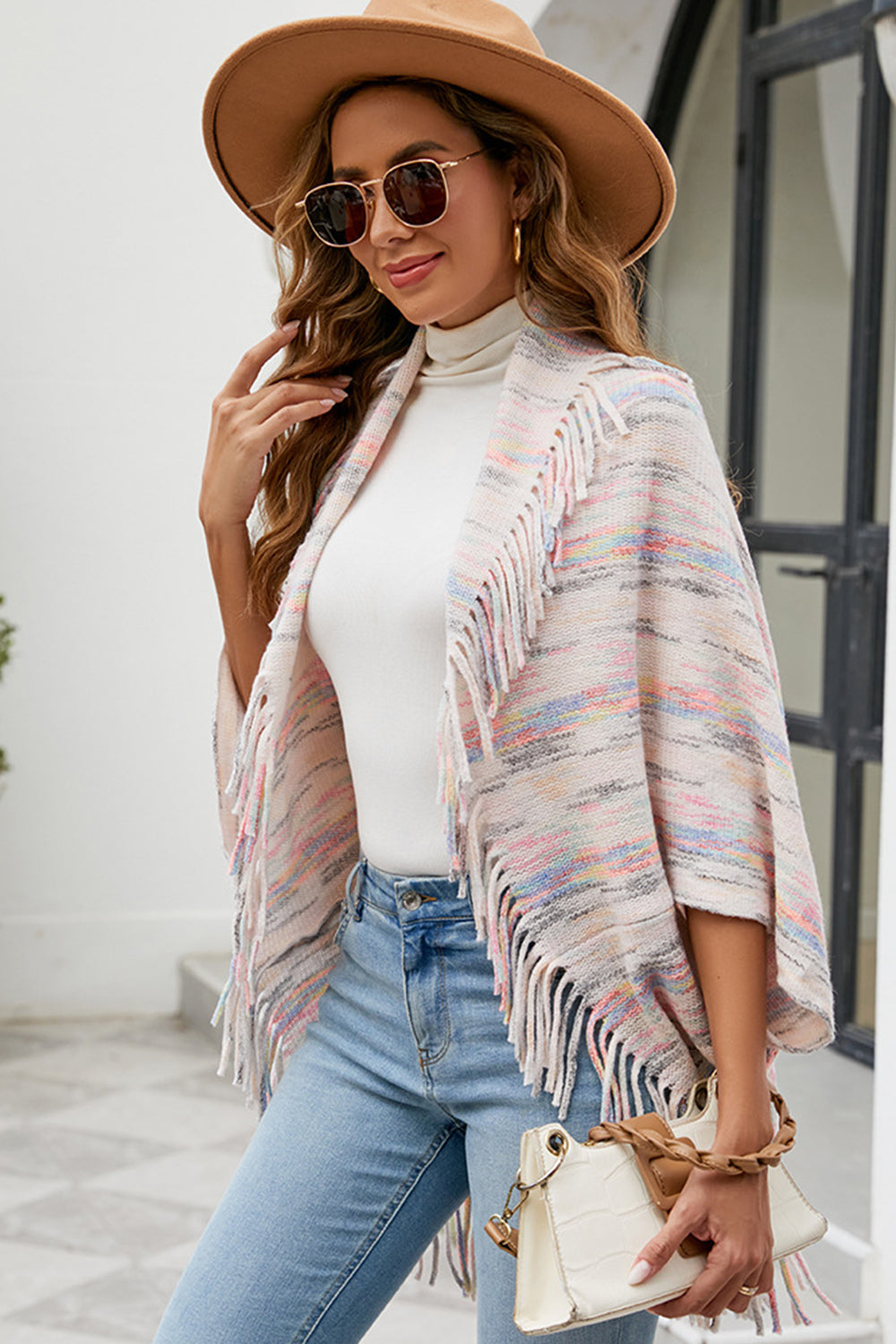 TFE: Chic Printed Poncho with Stylish Fringe Accents