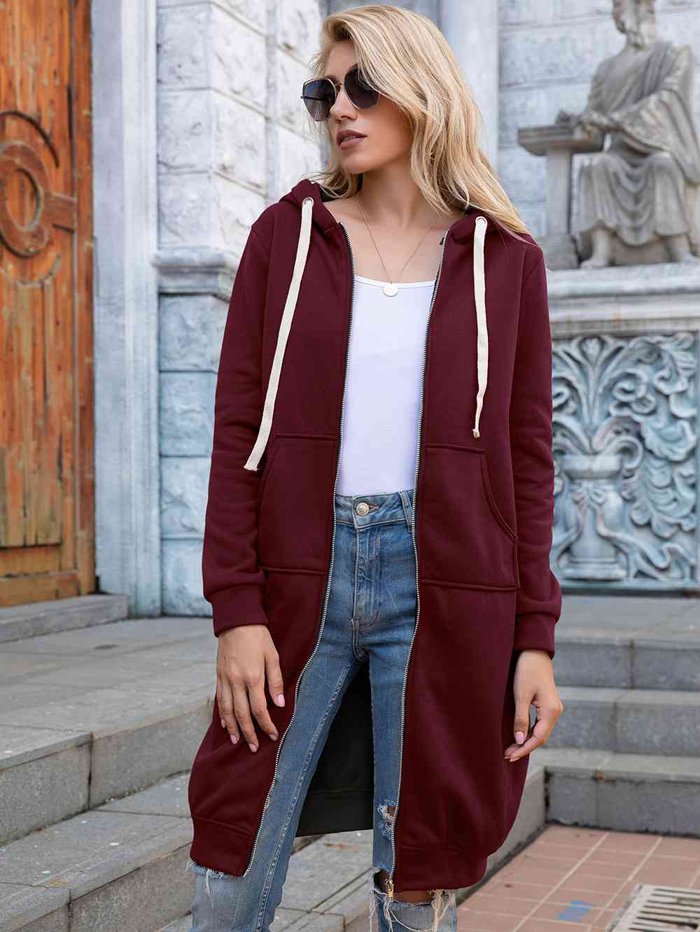 TFE: Full Size Zip-Up Longline Hoodie vest sweater  with Pockets