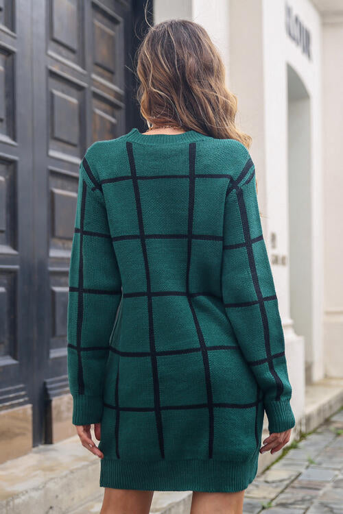 TFE: Plaid Strip Neck Long Sleeve Sweater Dress