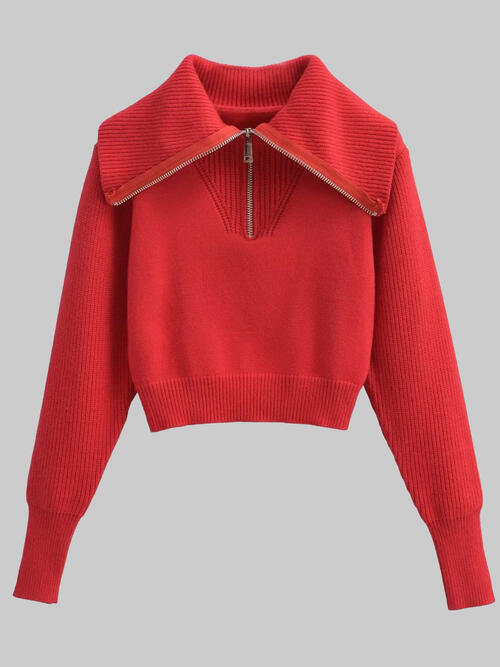 TFE: Half Zip Ribbed Collared Neck Knit Top