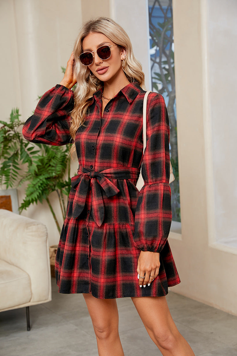 TFE: Chic Checkered Dress with Waist-Tying Elegance and Collared Charm