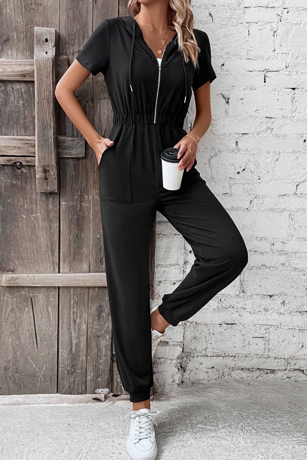 TFE: Chic Short-Sleeve Hooded Jumpsuit