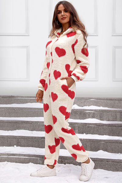 TFE: Fuzzy Heart Zip Up Hooded Lounge Jumpsuit