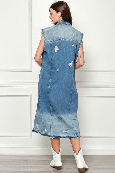 TFE: Urban Edge Distressed Sleeveless Longline Denim Jacket"