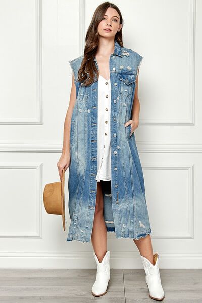 TFE: Urban Edge Distressed Sleeveless Longline Denim Jacket"