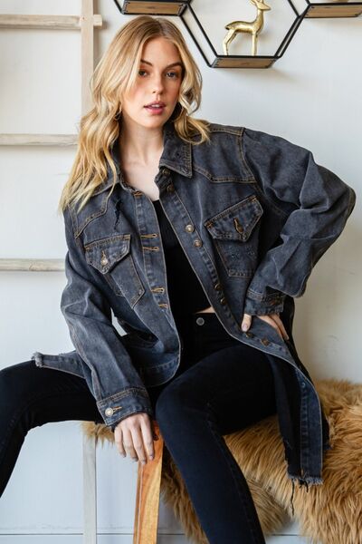 TFE: Veveret Button Up Distressed Frayed Hem Denim Jacket