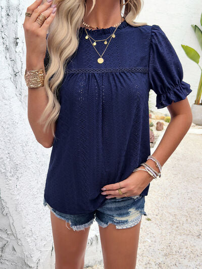 TFE: Feminine Flair Eyelet Mock Neck Flounce Sleeve Blouse