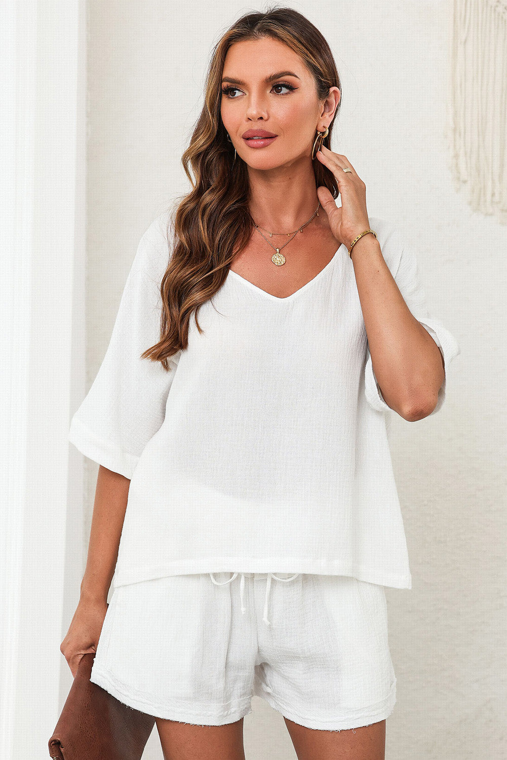 TFE: Chic V-Neck Half Sleeve Top and Shorts Set