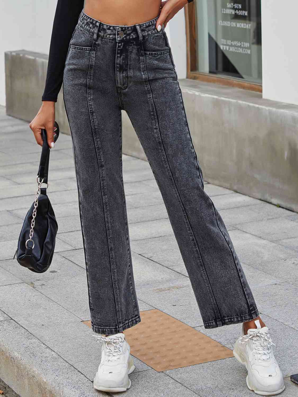 TFE:High Waist Wash-Up Straight Leg Jeans