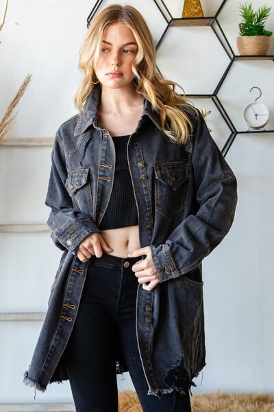 TFE: Veveret Button Up Distressed Frayed Hem Denim Jacket