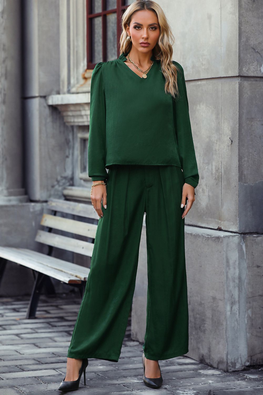 TFE: Chic V-Neck Long Sleeve Top and Flowing Wide Leg Pants Ensemble