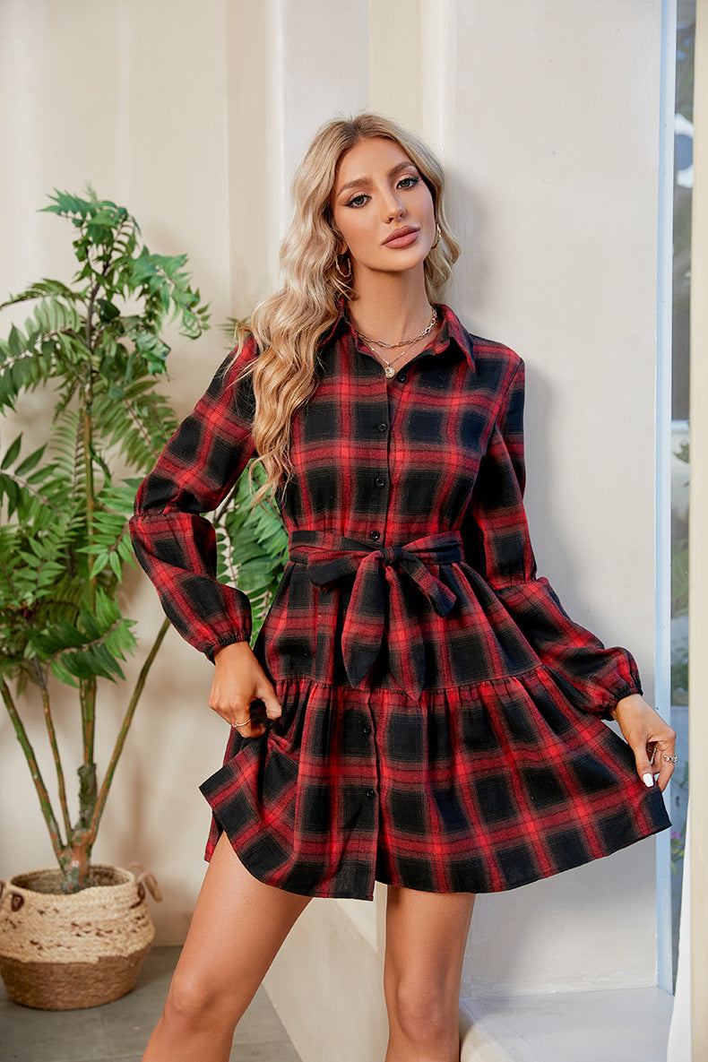 TFE: Chic Checkered Dress with Waist-Tying Elegance and Collared Charm