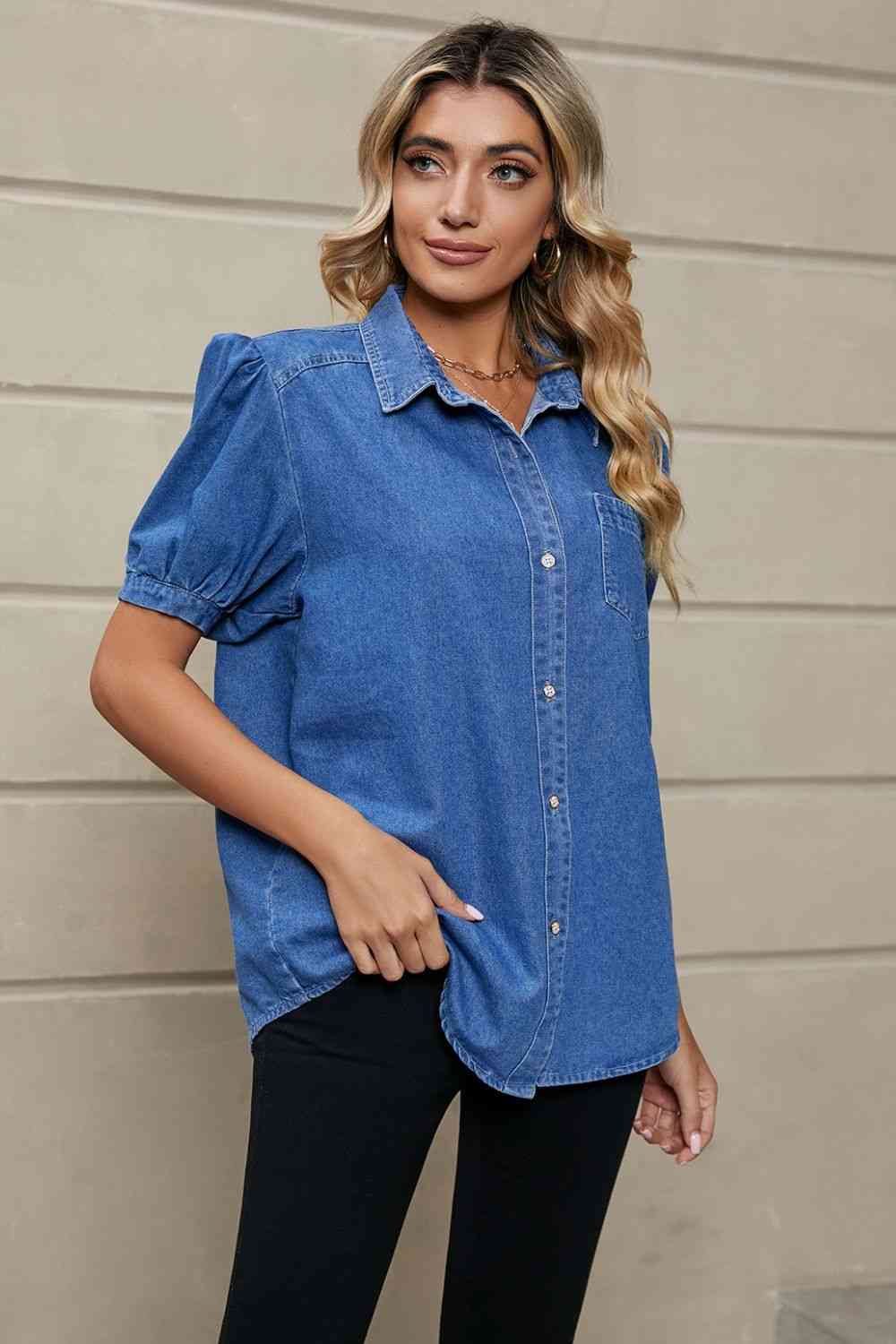 TFE: Puff Sleeve Collared Denim Top